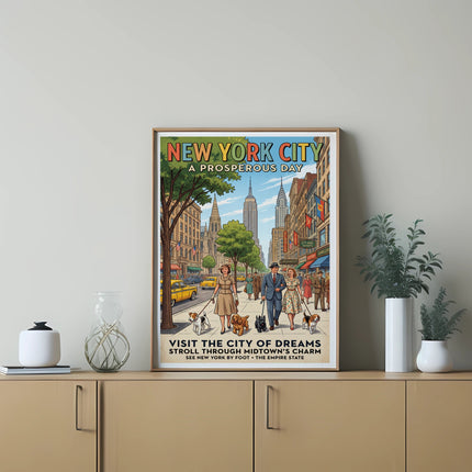 New York City vintage travel poster with cityscape, people, and dogs.