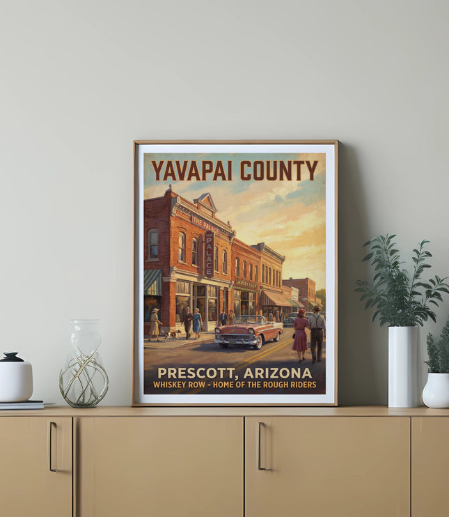 Yavapai County vintage poster depicting Prescott, Arizona's Whiskey Row.