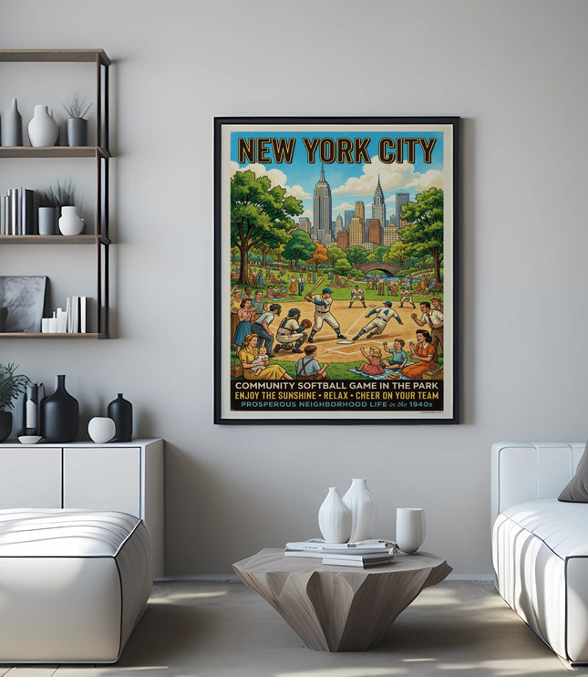 New York City community softball game poster in a minimalist living room.
