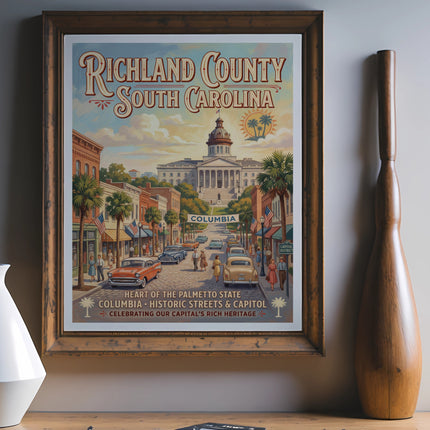 Richland County, South Carolina, vintage style poster featuring historic Columbia street and capitol.