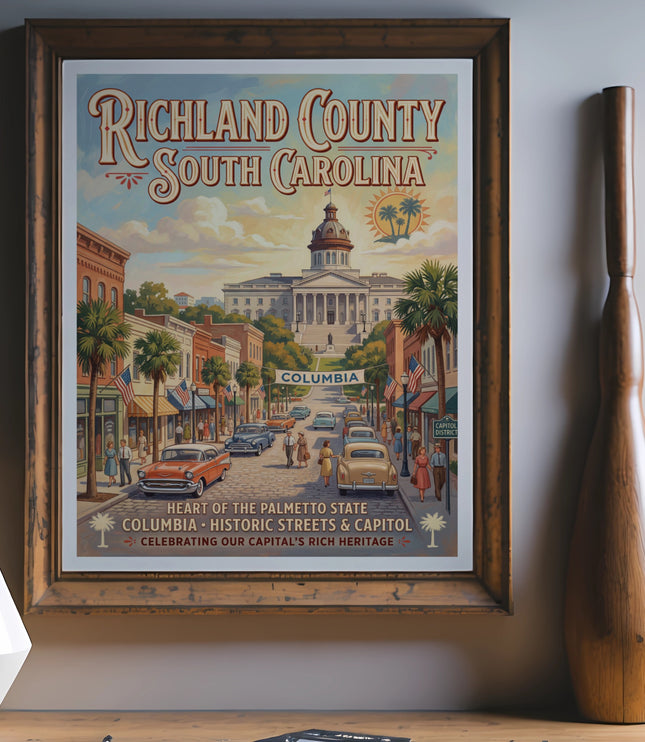 Richland County, South Carolina, vintage style poster featuring historic Columbia street and capitol.