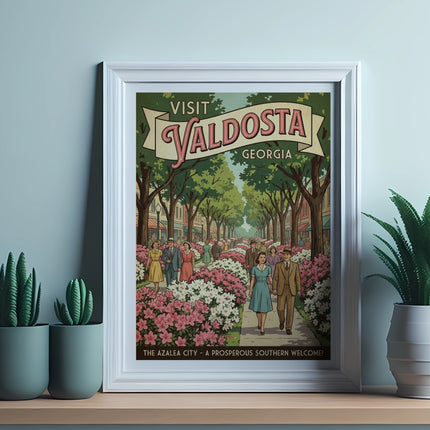 Framed "Visit Valdosta Georgia" poster featuring people walking on a tree-lined street.