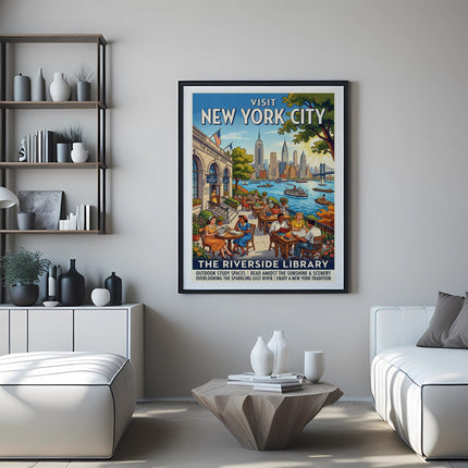 Visit New York City poster for The Riverside Library, showing people reading outdoors.