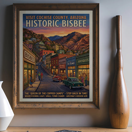 Vintage poster of Historic Bisbee, Arizona, depicting a quaint street with shops.