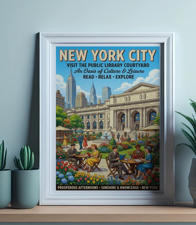 New York City Public Library Courtyard retro travel poster illustration.