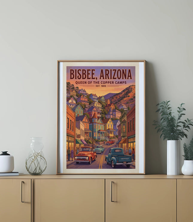 Bisbee, Arizona poster with vintage cars on a sloping street and colorful buildings.