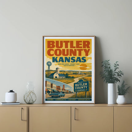 Butler County Kansas poster with farms, community, history, and opportunity text.