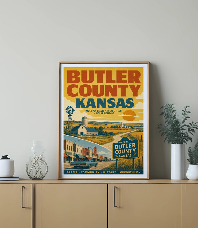 Butler County Kansas poster with farms, community, history, and opportunity text.