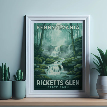 Pennsylvania State Park waterfall illustration in framed poster with plants.