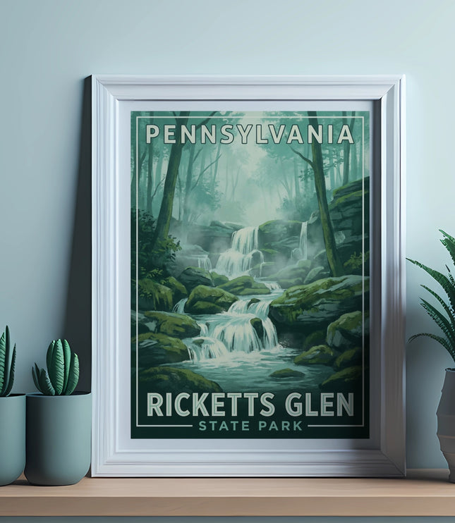 Pennsylvania State Park waterfall illustration in framed poster with plants.