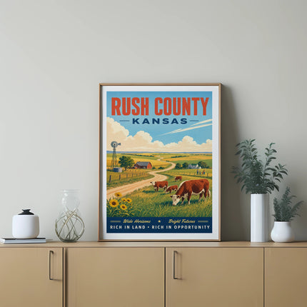 Rush County, Kansas vintage travel poster featuring cows, windmill, and fields.