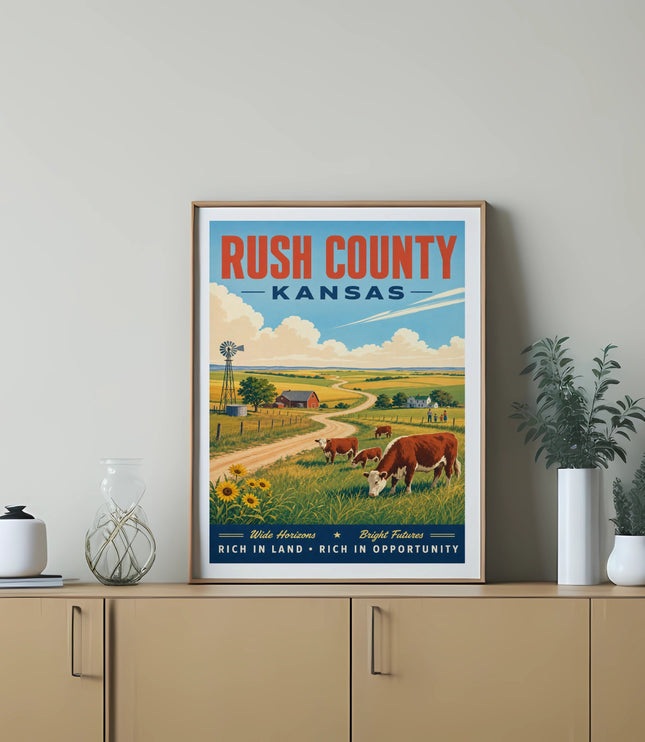 Rush County, Kansas vintage travel poster featuring cows, windmill, and fields.