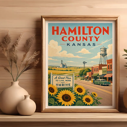 Hamilton County, Kansas vintage travel poster with sunflowers and town scene.