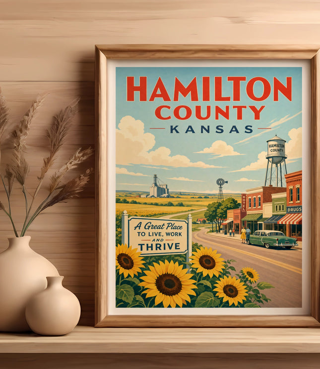 Hamilton County, Kansas vintage travel poster with sunflowers and town scene.