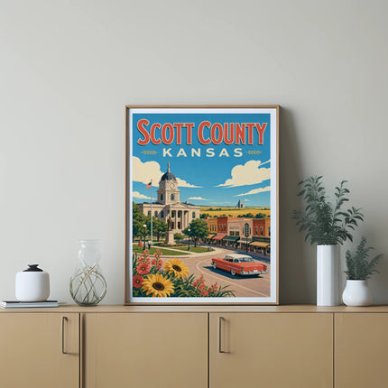 Retro Scott County Kansas poster with town buildings, sunflowers, and car.