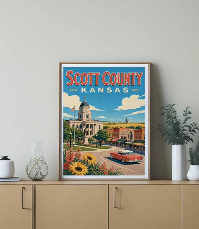 Retro Scott County Kansas poster with town buildings, sunflowers, and car.