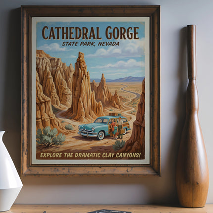 Vintage poster of Cathedral Gorge State Park, Nevada with RV and family.
