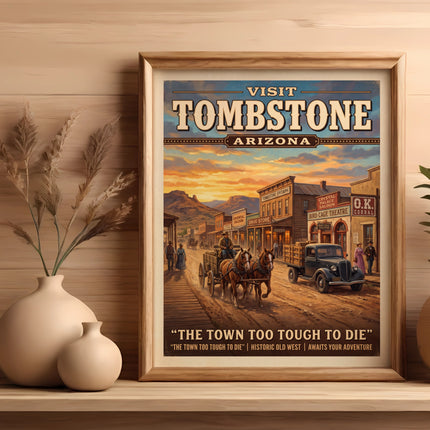 Vintage "Visit Tombstone, Arizona" poster with a street scene and horses.