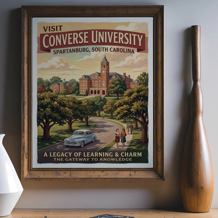 Vintage poster of Converse University in Spartanburg, SC with a classic car.