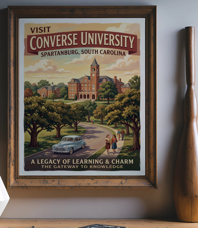 Vintage poster of Converse University in Spartanburg, SC with a classic car.
