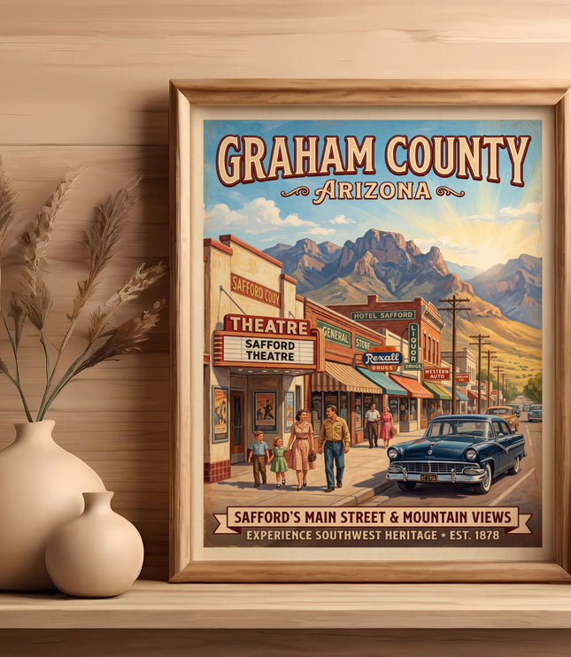 Graham County Arizona vintage poster with Safford's main street and mountain views.