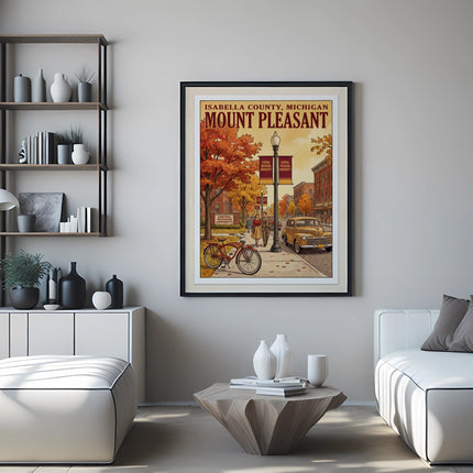 Poster of Mount Pleasant, Michigan with autumn trees, a bicycle, car, and university banners.