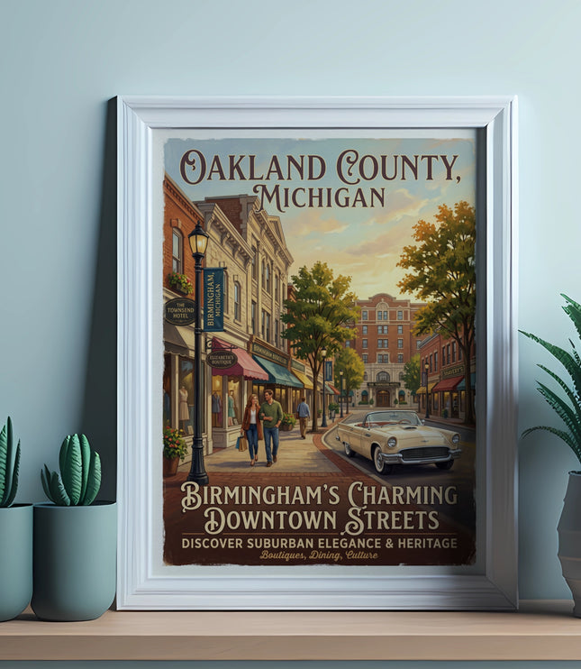 Poster of Birmingham, Michigan's charming downtown streets and historic Townsend Hotel.