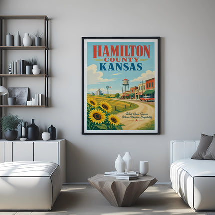 Hamilton County, Kansas poster with sunflowers, a barn, and text.