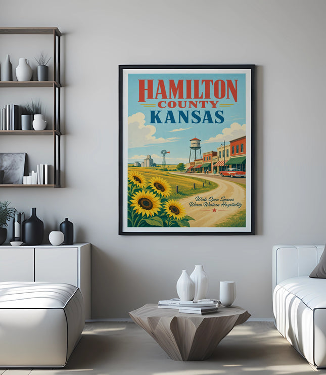 Hamilton County, Kansas poster with sunflowers, a barn, and text.