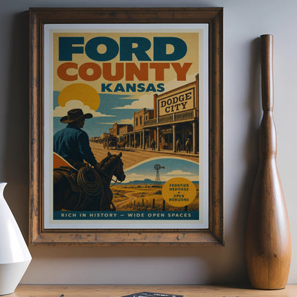 Ford County Kansas vintage poster with Dodge City and cowboy on horseback.