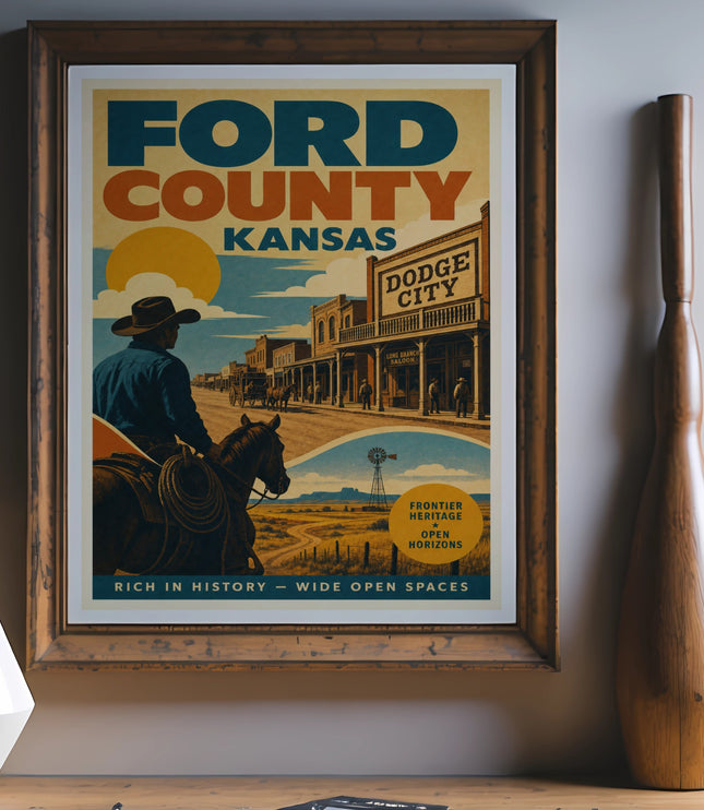 Ford County Kansas vintage poster with Dodge City and cowboy on horseback.
