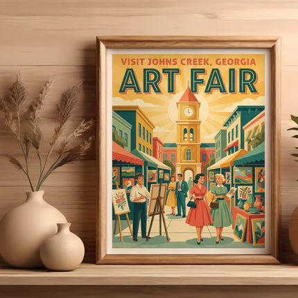 Art Fair poster for Johns Creek, Georgia featuring a street scene.