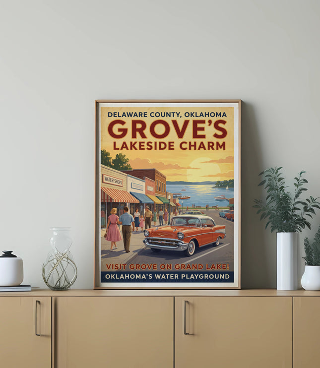 Poster of Grove's Lakeside Charm, Delaware County, Oklahoma with a vintage car.