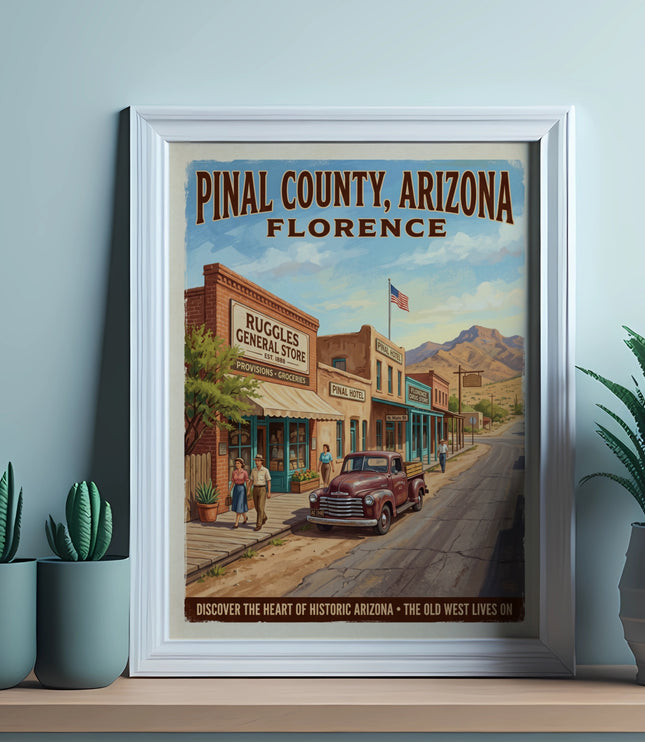 Poster of Florence, Arizona featuring Ruggles General Store, Pinal Hotel, and an American flag.