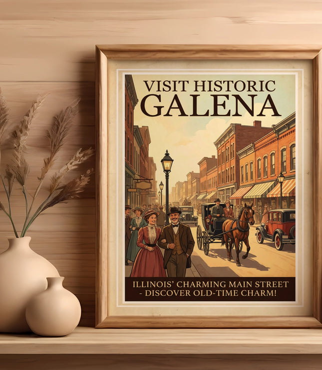 Visit Historic Galena Illinois poster with horse-drawn carriage and vintage cars.