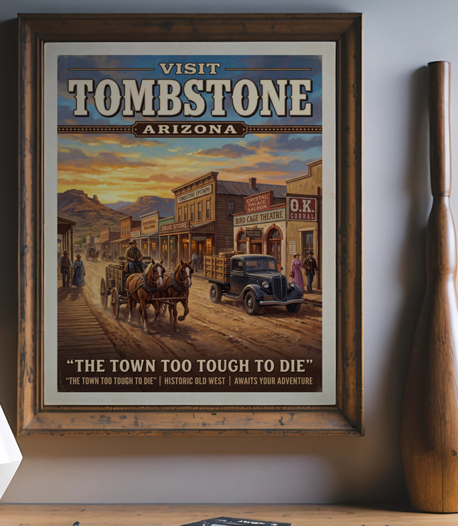 Visit Tombstone Arizona poster with old west town scene and text.