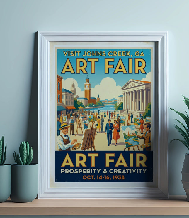 Johns Creek, GA Art Fair poster with artists painting and date Oct. 14-16, 1938.
