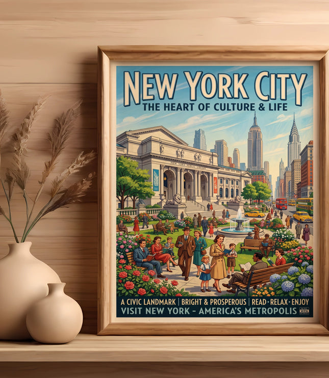 Vintage New York City poster showing the public library and skyline, with people enjoying a park.