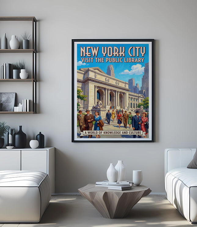 Framed vintage poster for New York City Public Library with people walking.