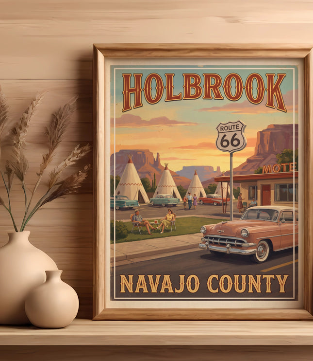 Holbrook Route 66 Navajo County vintage travel poster with desert landscape and motel.