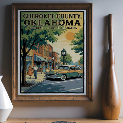 Cherokee County, Oklahoma Tahlequah poster featuring vintage car and people on sidewalk.