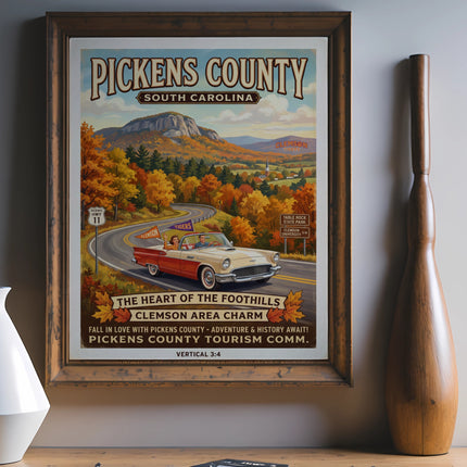 Pickens County South Carolina retro travel poster with vintage car and autumn scenery.