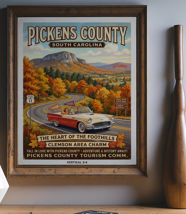 Pickens County South Carolina retro travel poster with vintage car and autumn scenery.