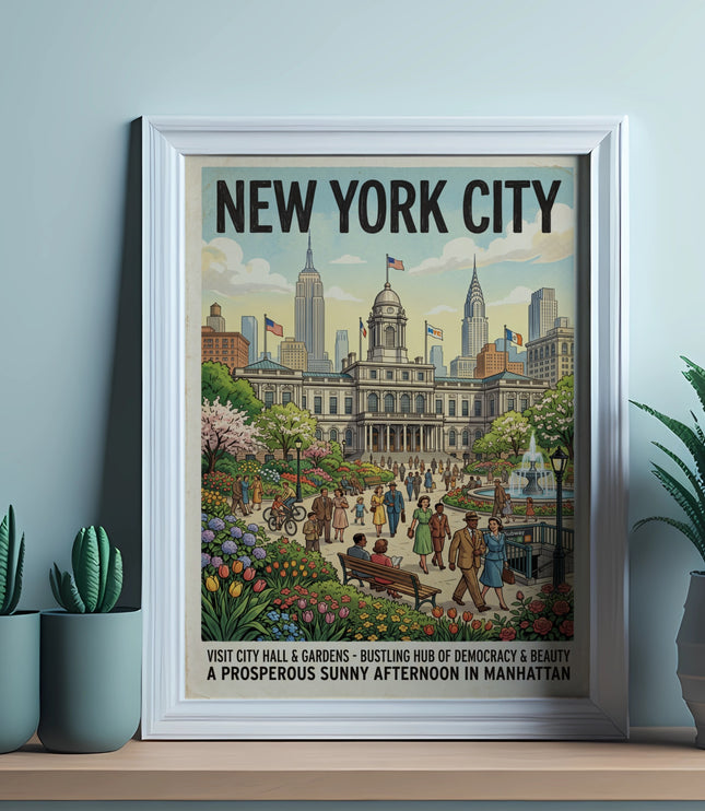 New York City poster with City Hall and bustling park on a sunny afternoon