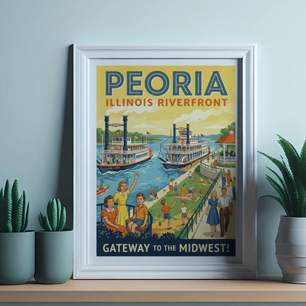 Peoria Illinois Riverfront Gateway to the Midwest vintage poster in a white frame.