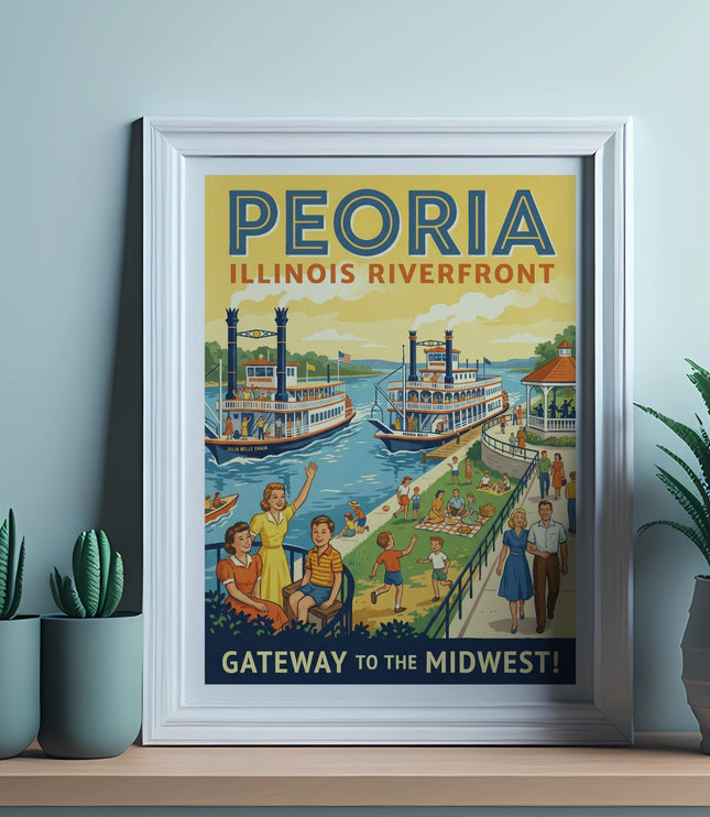 Peoria Illinois Riverfront Gateway to the Midwest vintage poster in a white frame.