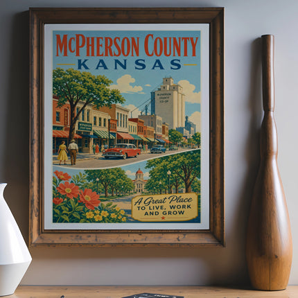 McPherson County, Kansas retro travel poster with town scene and text.