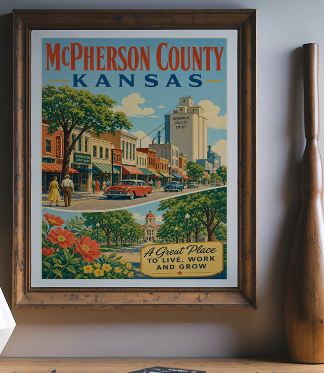 McPherson County, Kansas retro travel poster with town scene and text.