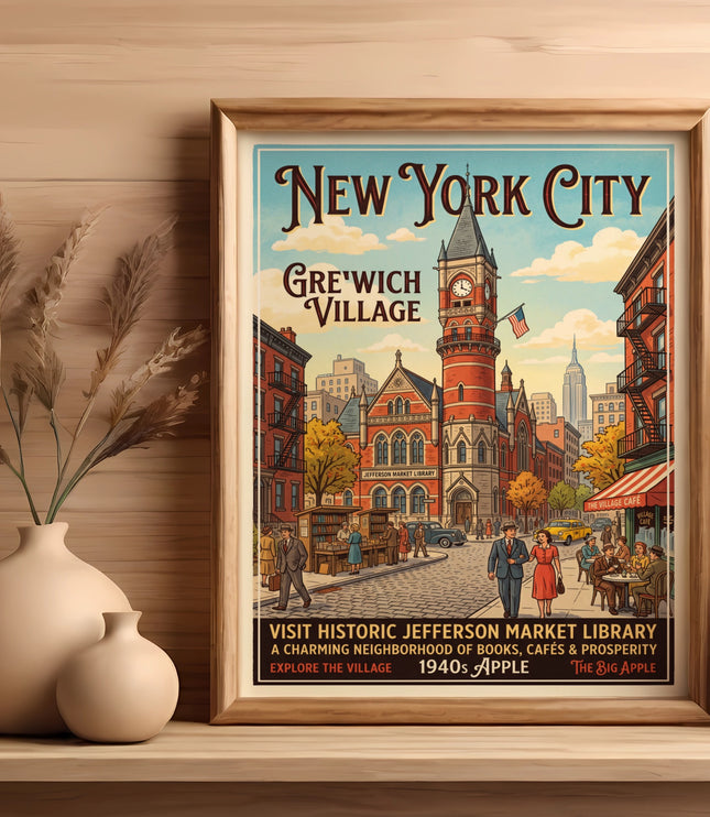 New York City Greenwich Village vintage travel poster with Jefferson Market Library.