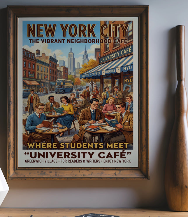 New York City, University Cafe vintage poster depicts students at tables.